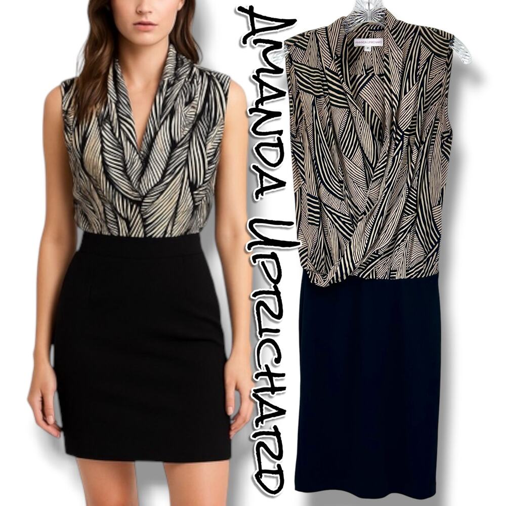 Amanda Uprichard P XS Silk Abstract Print Faux Wrap Midi Dress Black Tan Mob